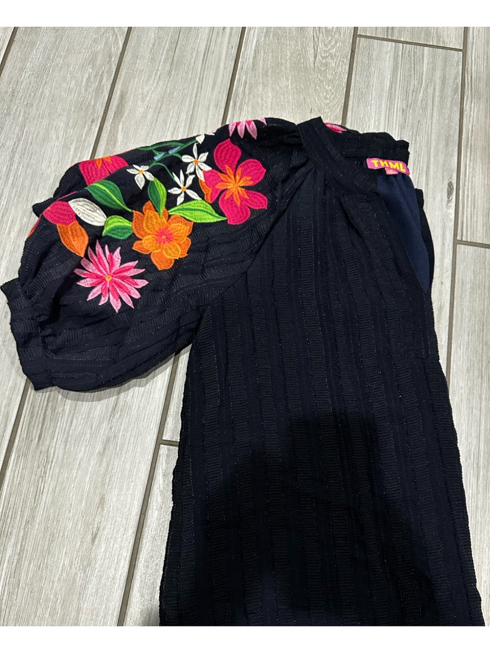 THML Navy Peasant Top with Bright Floral Embroidered Sleeves - Picture 6 of 10